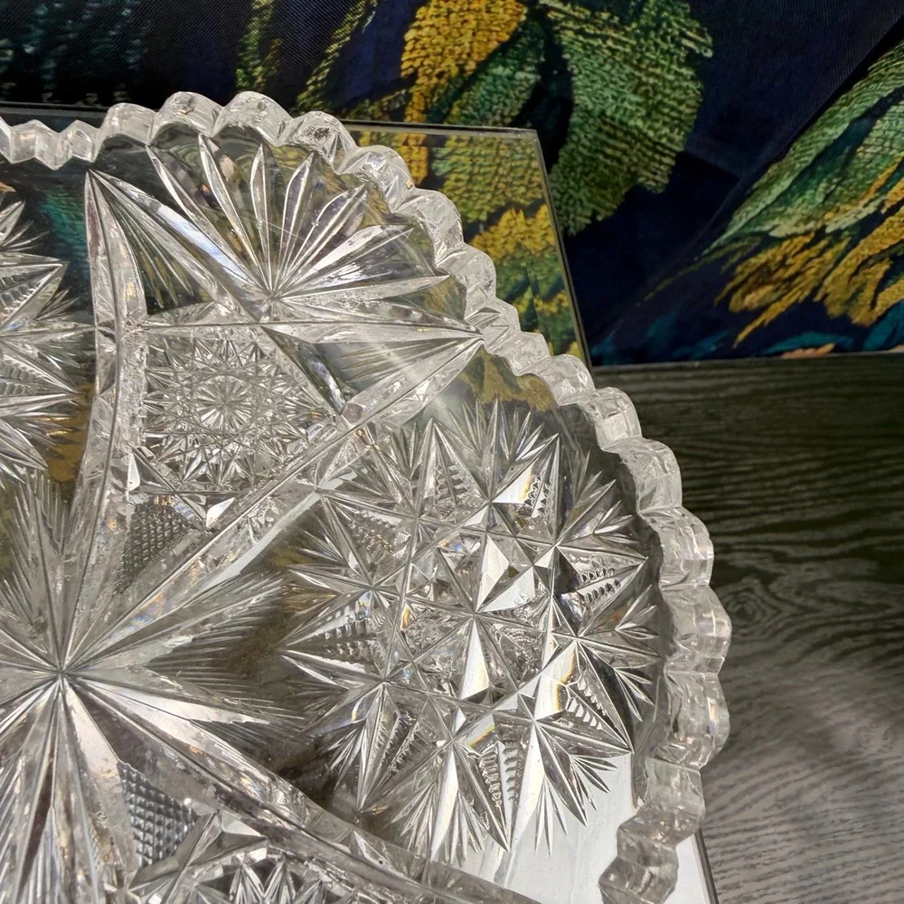 Antique American Brilliant Period Cut Glass Nappy Dish Star Pattern Sawtooth Rim